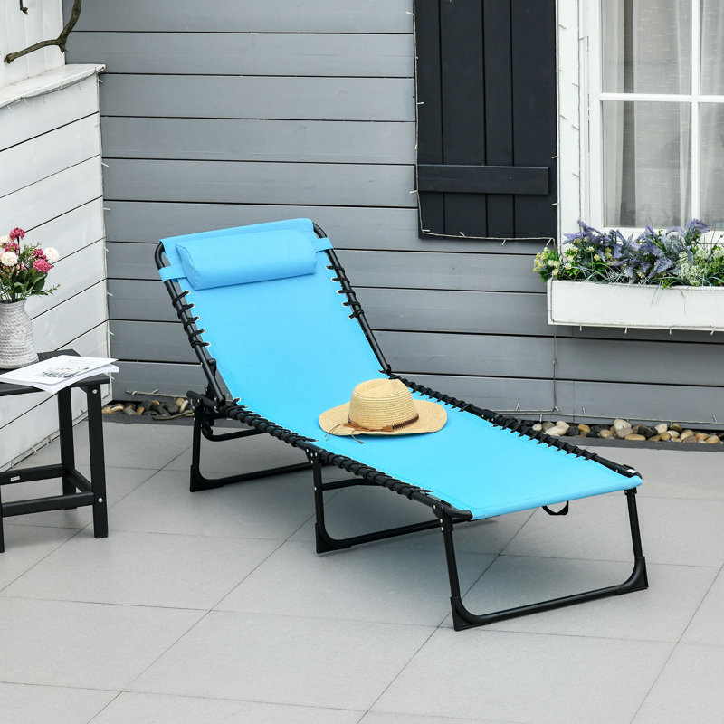 Chaise de piscine pliante bleue - Méridienne avec filet respirant, inclinable, coussin, pour patio, cour, chaise longue pliante portative pour l'extérieur, 4 positions de dossier,