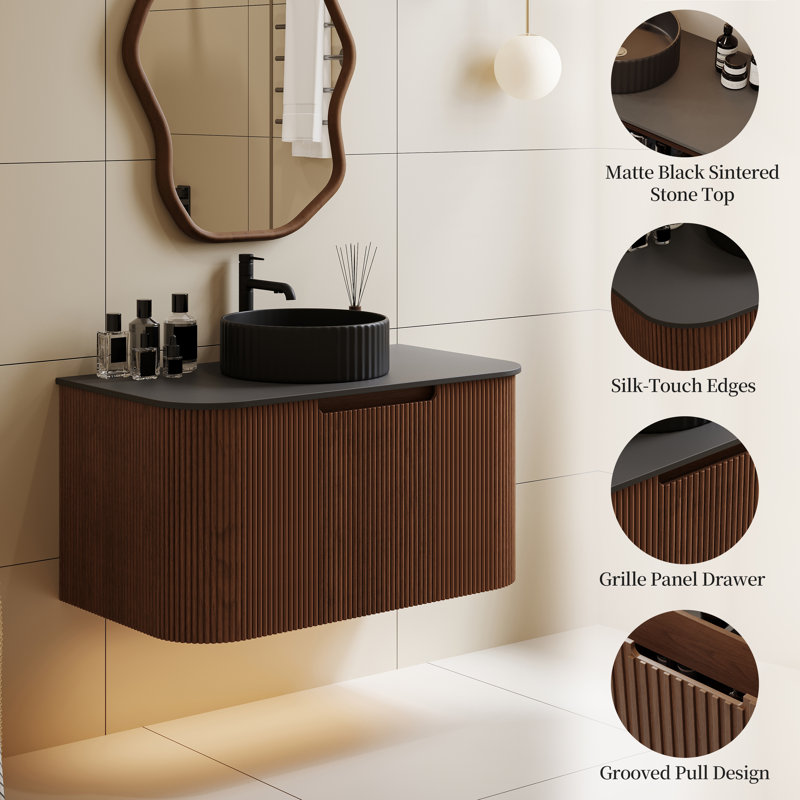 Meuble-lavabo de comptoir en pierre noir 36 po avec lavabo rond 36 po