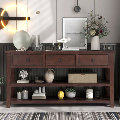 Console rétro avec deux tablettes ouvertes, structure en bois de pin massif et pieds pour le salon (espresso)