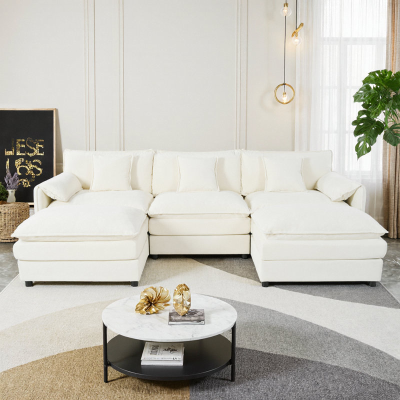Élégant canapé modulaire en U modulaire avec assise profonde et repose-pieds en chenille beige, Beige