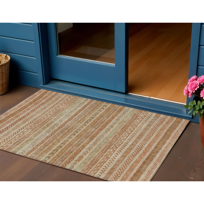 Tapis extérieur lavable rayé en terre cuite et rouille 3 pi x 5 pi