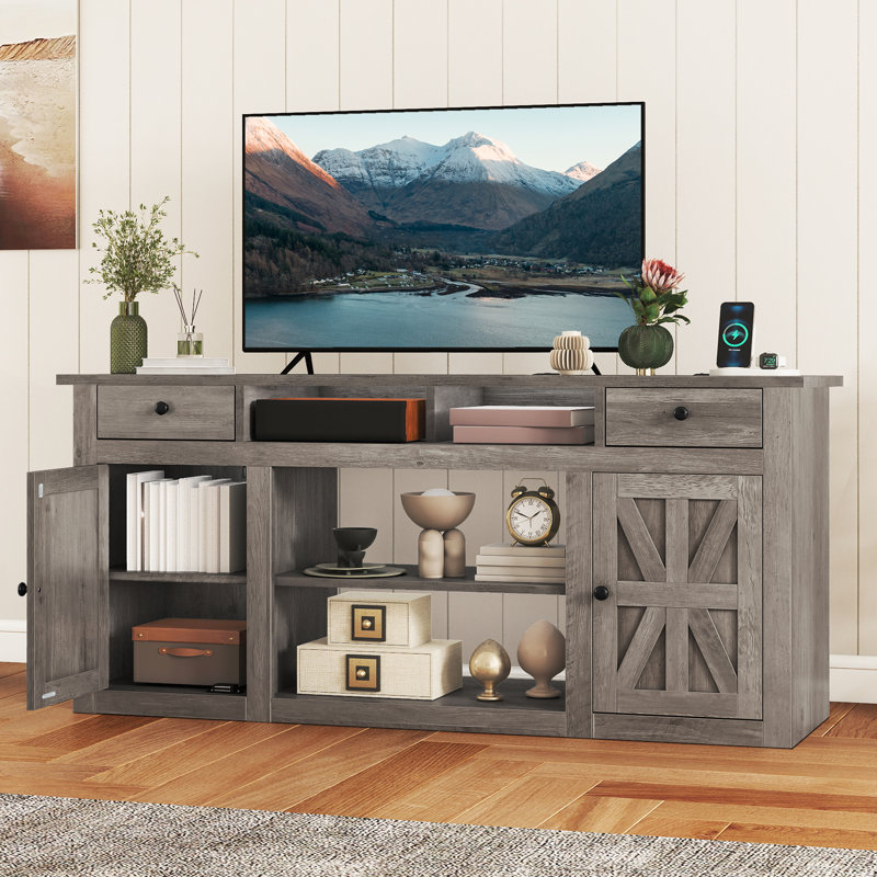 Meuble télé de 59 po pour téléviseur de 70 po ou moins Farmhouse, centre de divertissement avec prise de courant, console de télévision