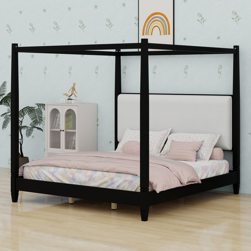 Lit plateforme à baldaquin élégant avec tête de lit tapissier et pieds de support en lattes de bois, Noir