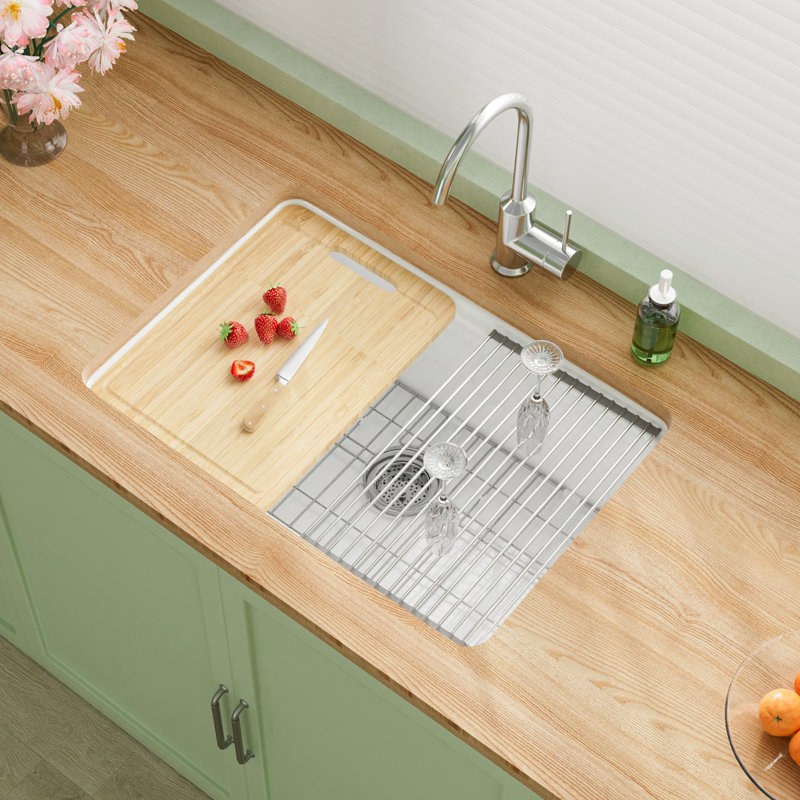 Évier de cuisine en céramique réfractaire à une cuve, blanc, 68,6 cm (L) x 48,3 cm (l), à encastrer sous plan, pour cuisine et buanderie, avec 4 accessoires personnalisés