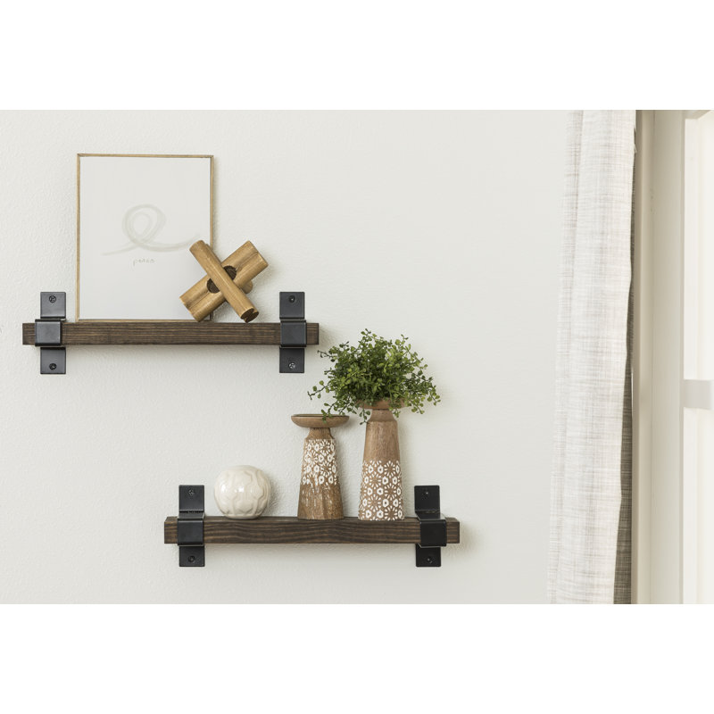 Abasi 2 Piece Pine Solid Wood Bracket Wall Shelf, Dark Walnut, 5.63" H x 20" W x 6" D, Black