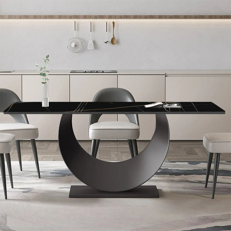 Table de salle à manger moderne en pierre frittée pour 6-8 avec base piédestal, pré-assemblé, Noir, noir, noir, noir