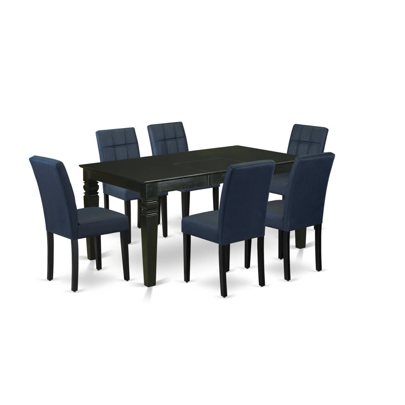7 Piece Kitchen Table Set Includes A Dinner Table and 6 Dark Navy Blue Polyester Fabric Dining Chairs with Stylish Back- Black Finish