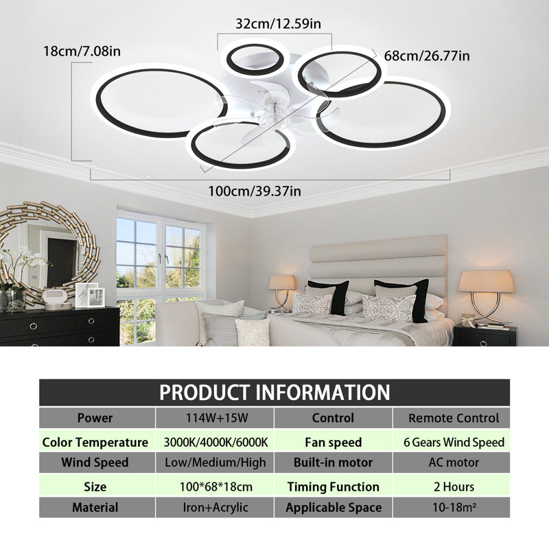 Debrann 39.4'' Dimmable Reversible Ceiling Fan With LED Lights And Remote Control, Black, 7.08" H × 39.37" W × 26.77" D