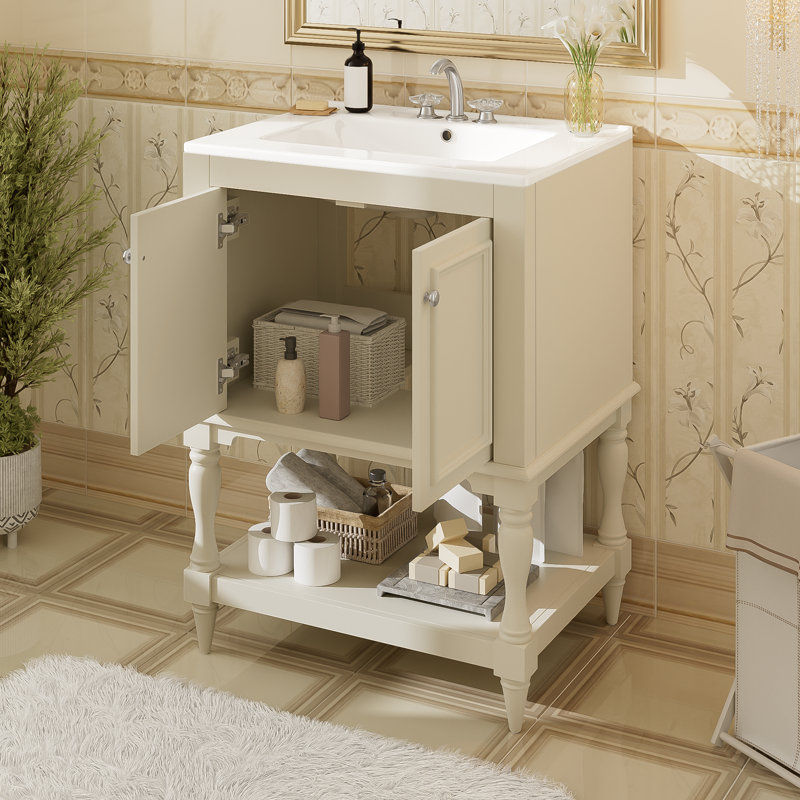 Meuble-lavabo de luxe moderne de 24 pouces avec lavabo et armoire de rangement en céramique | Idée de cadeau, Beige, Argent