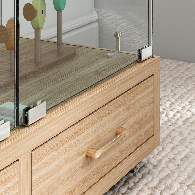 Vitrine avec tablette en verre, 2 tiroirs et lumière DEL, Naturel