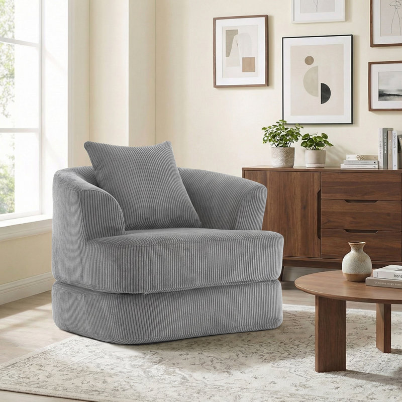 Oversized Upholstered Convertible Accent Barrel Chair, Gray Corduroy