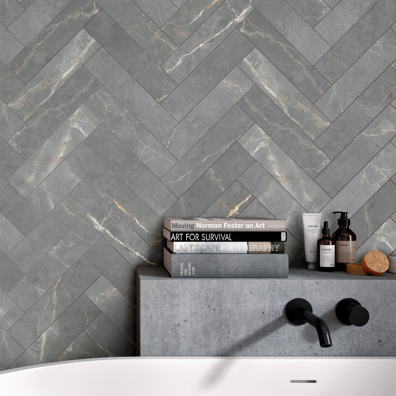 Carreau de sol en porcelaine mat aspect marbre 3,15 po x 12,99 po Elegance Subway, Gris foncé