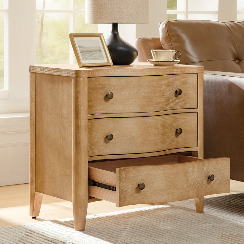Elfine Modern 27''W 3-Drawers Curves End Table with Built-In Charging Station, Natural