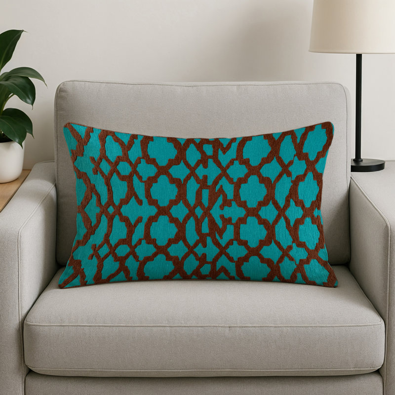 Coussin décoratif intérieur et extérieur brun Trellis, Rectangulaire H 14 po x l 20 po, Bleu treillis 15