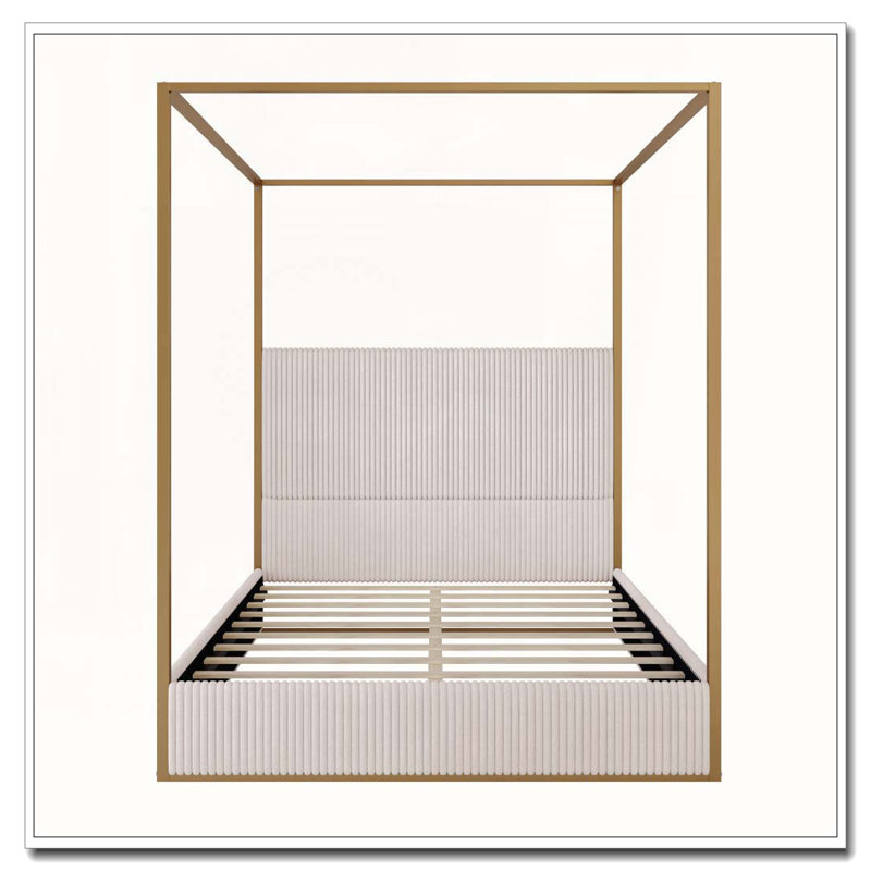 Metal Canopy Bed With Tall Corduroy Upholstered Headboard And Four Poster, No Box Spring Needed, Beige, Queen