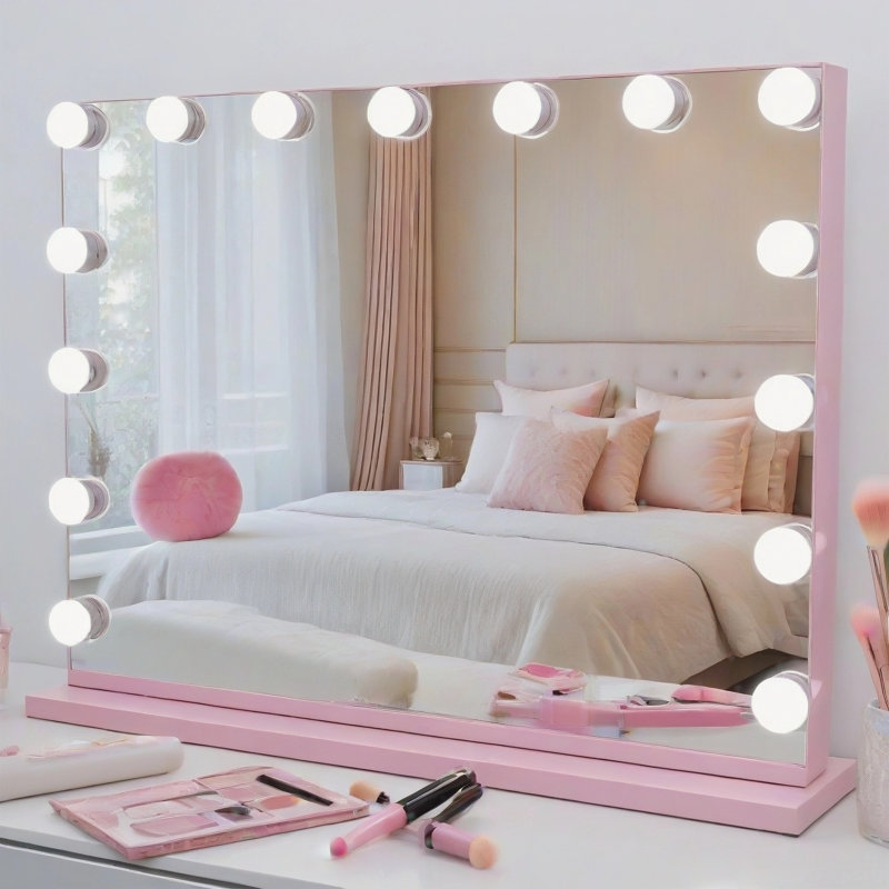 Miroir de maquillage avec éclairage tactile Kycia pour vestiaire et chambre à coucher, sur table ou mural, Rose