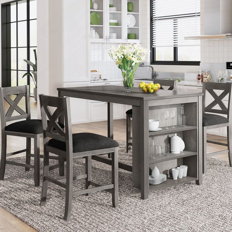 5-Piece Counter Height Rustic Farmhouse Wooden Bar Table Set With 4 Sturdy Dining Chairs And Comfortable Seating., Gray, Gray