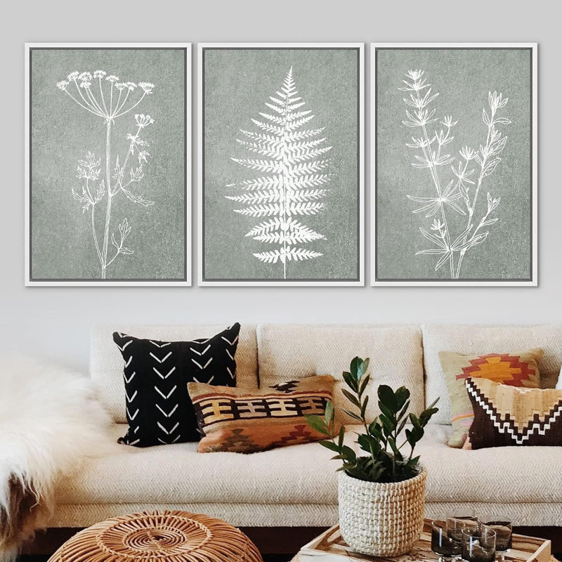 Green Forest Flower, reproduction d'art encadrée sur toile 3 pièces, H 36 po x l 24 po x P 1,5 po, Blanc