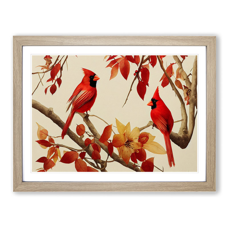 Watercolour Cardinal Birds - Single Picture Frame Print, Oak Framed, 34cm H x 46cm W x 2cm D
