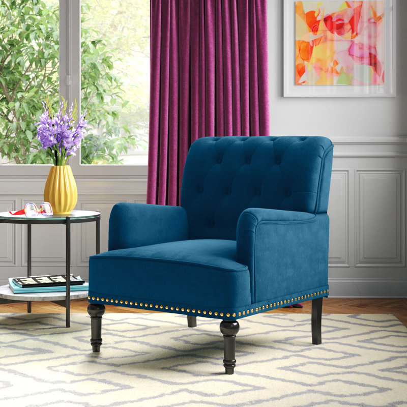 Jakub 28.5" W Velvet Tufted Polyester Armchair with Nailhead Trim, Navy Polyester