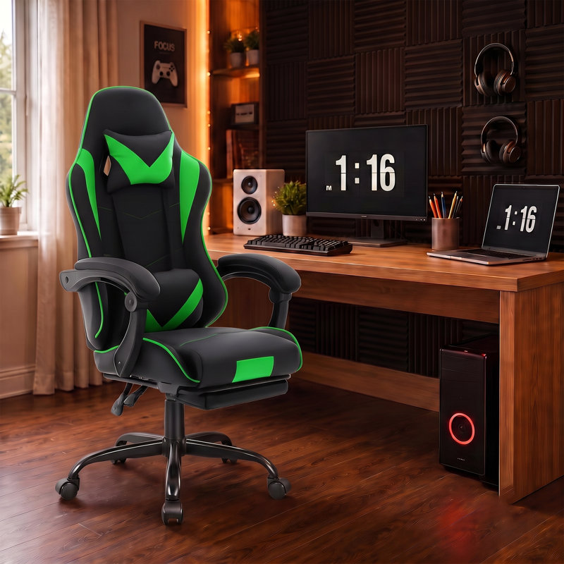 Fauteuil de jeu ergonomique de type course avec repose-pieds rétractable, accoudoirs articulés, inclinaison à 135°, hauteur réglable, pivotement à 360°, charge maximale de 181 kg (400 lbs) pour le bureau et le jeu.