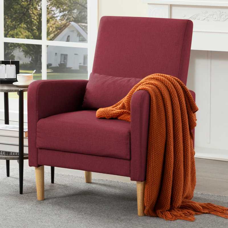 Fauteuil d'appoint en lin rouge foncé - structure en bois massif, siège en mousse haute densité, poche latérale de rangement, pieds antidérapants, idéal pour les petits espaces de lecture et de détente