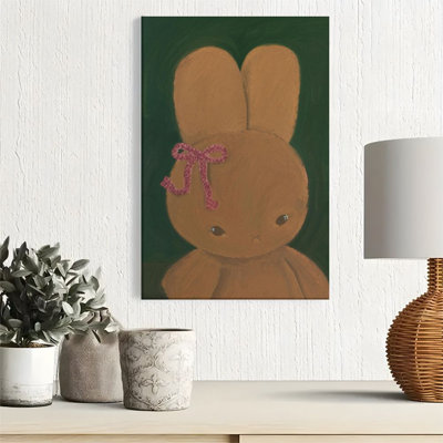 Affiche d'art mural encadrée 1pc, lapin brun, arc rose, style rétro dessiné à la main, impression sur toile pour salon, chambre, bureau, salle de bain, dortoir, prêt à accrocher