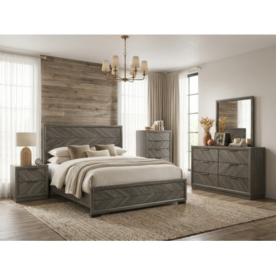 5 Piece Modern Farmhouse Bedroom Set, Gray Wood King Size Platform Bed with 5 Drawer Chest, 6 Drawer Dresser with Mirror, 2 Drawer Nightstand, Rustic Chevron Pattern Bedroom Furniture Set for Bedroom