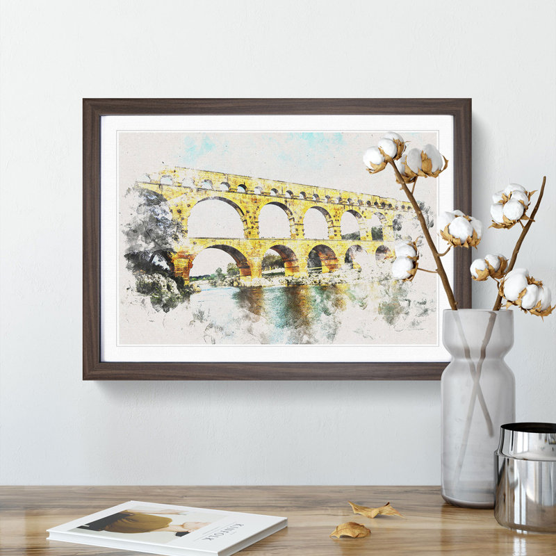 Pont Du Gard Bridge in France - Framed Print, 24cm H x 33cm W x 2cm D, Walnut Framed