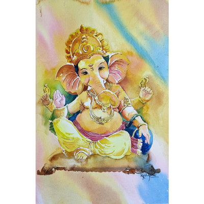 Sitting Chaturbhuja Lord Ganapati | Watercolor Painting By Rajib Agarwal