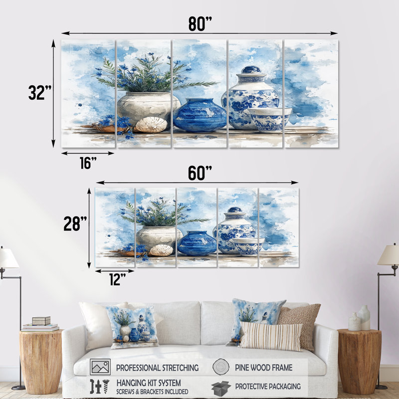 Bleu et blanc Boho Pottery Coastal Artistry III - ensemble d'art mural Boho Pottery, H 32 po x l 80 po