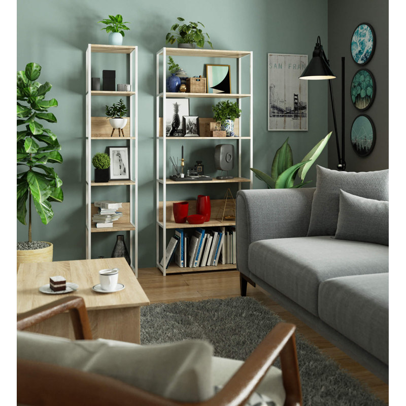 Amadita 192cm H Metal Bookcase, (6 shelves) 192cm H x 40cm W x 32cm D, White/Tan