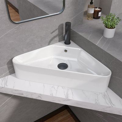 22.5 X 16.5 X 5 In. Corner Ceramic Wall-Mount Bathroom Sink In White Vessel Wall-Hung With Overflow