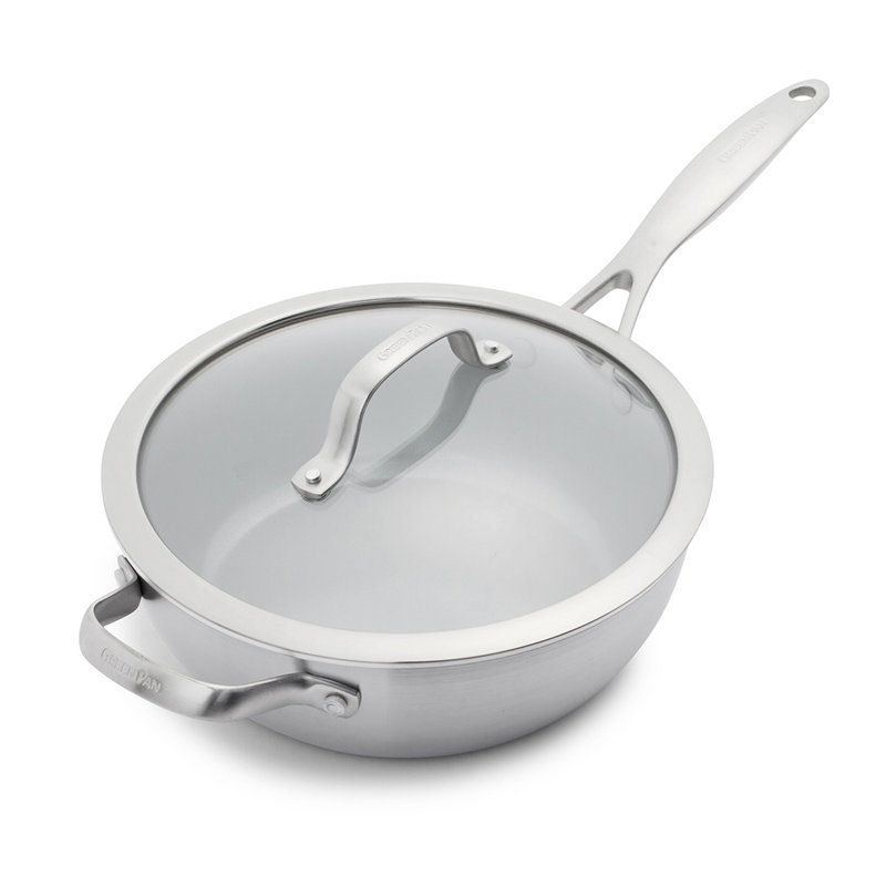 GreenPan Venice Pro Tri-Ply Stainless Steel Healthy Ceramic Nonstick 3qt Chef Saute Pan with Helper Handle and Lid
