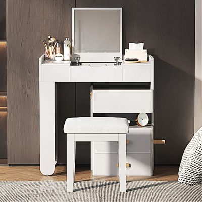 Meuble-lavabo 3 en 1 avec miroir rabattable, éclairage à DEL, tiroirs amplement réglables - Coiffeuse multifonctionnelle élégante pour la maison, blanc