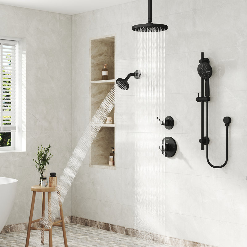 Système de douche à pluie double à 3 fonctions avec barre coulissante réglable à 3 modes