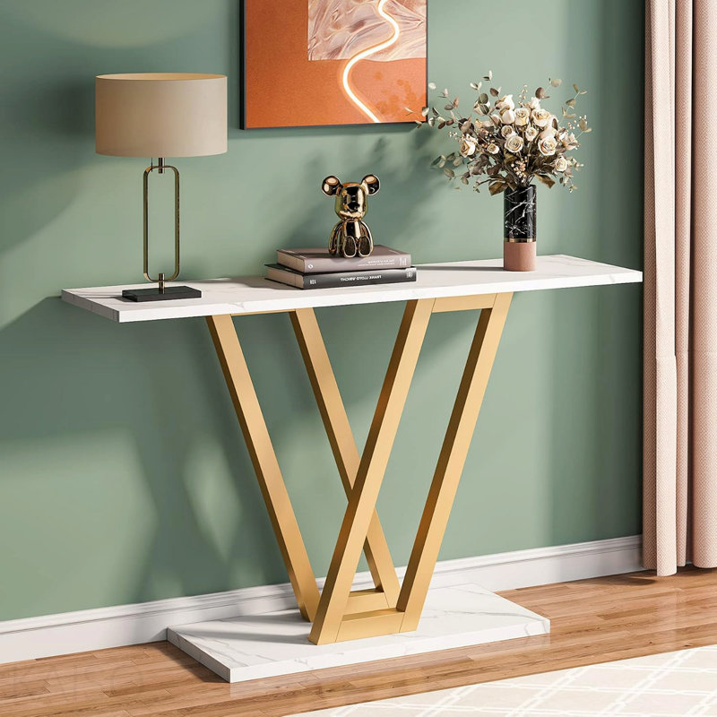 Console moderne de 43 po, plateau en faux marbre, cadre en V pour le vestibule - blanc / or