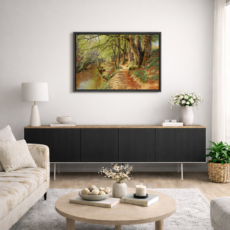 «Woodland River Path», art de la forêt ensoleillée, images de bureau dans la nature, impression sur toile encadrée.