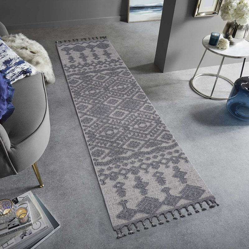 Tapis d'intérieur / extérieur 2X8 blanc / gris / traditionnel, Gris, Rectangle 8 pi x 2 pi 2 po