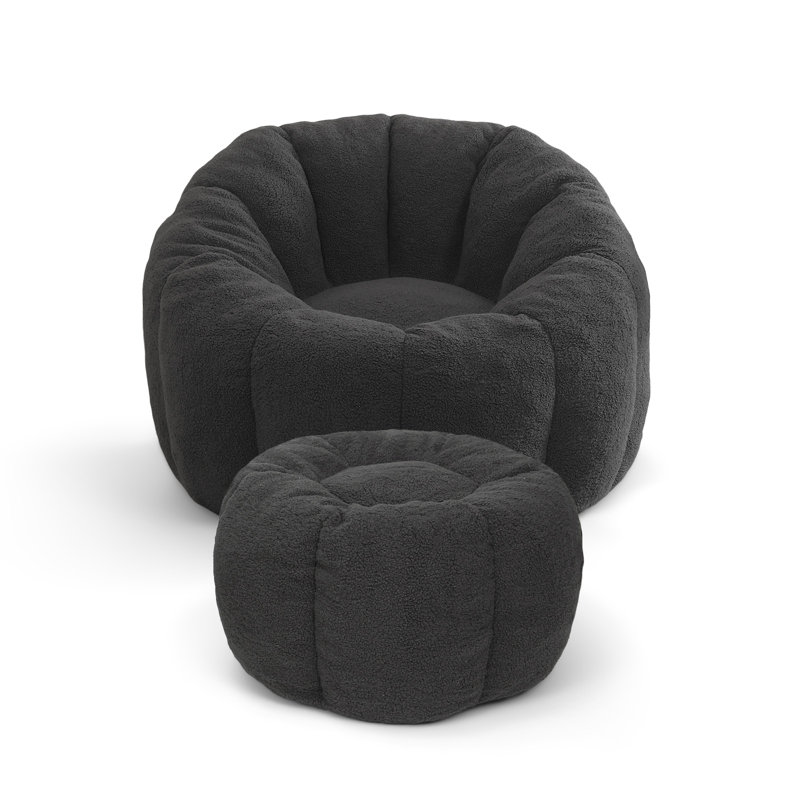 Compression 40"W Comfy Pumpkin Bean Bag Couch Sofa Chair,Soft Teddy Fabric Bean Bag Chair With Ottoman, Dark Gray Teddy