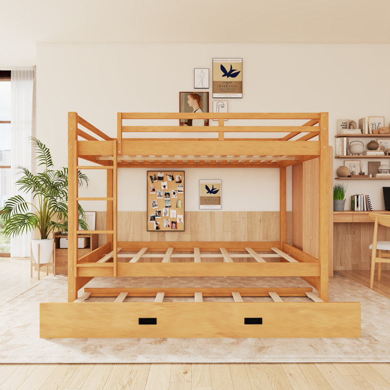 Lit superposé en bois avec échelle et lit gigogne, Naturel
