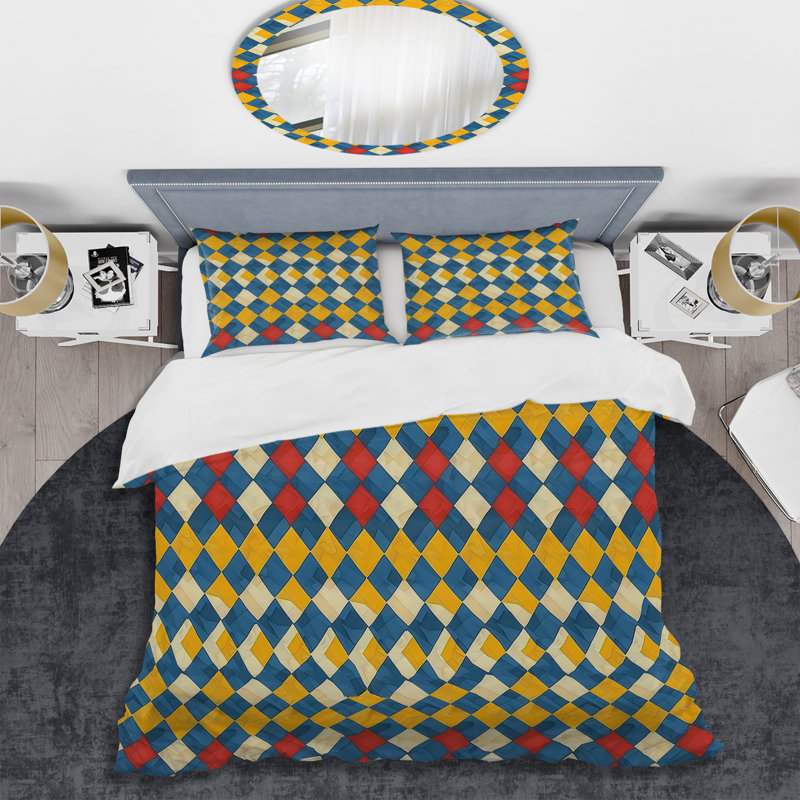 Ensemble de housse de couette moderne bleu et jaune Modern Houndstooth III, Housse de couette très grand et 2 très grandes t