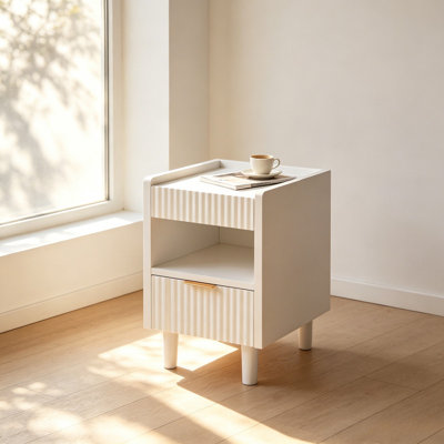 White Textured Fluted Bedside Nightstand with Pull Out Drawer and Open Cubby, Small Space Saving End Table for Apartment Bedroom Home Decor