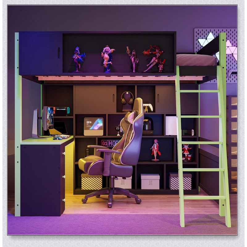 Wood Loft Bed With Desk, Ample Storage Space And Light, Noir/vert