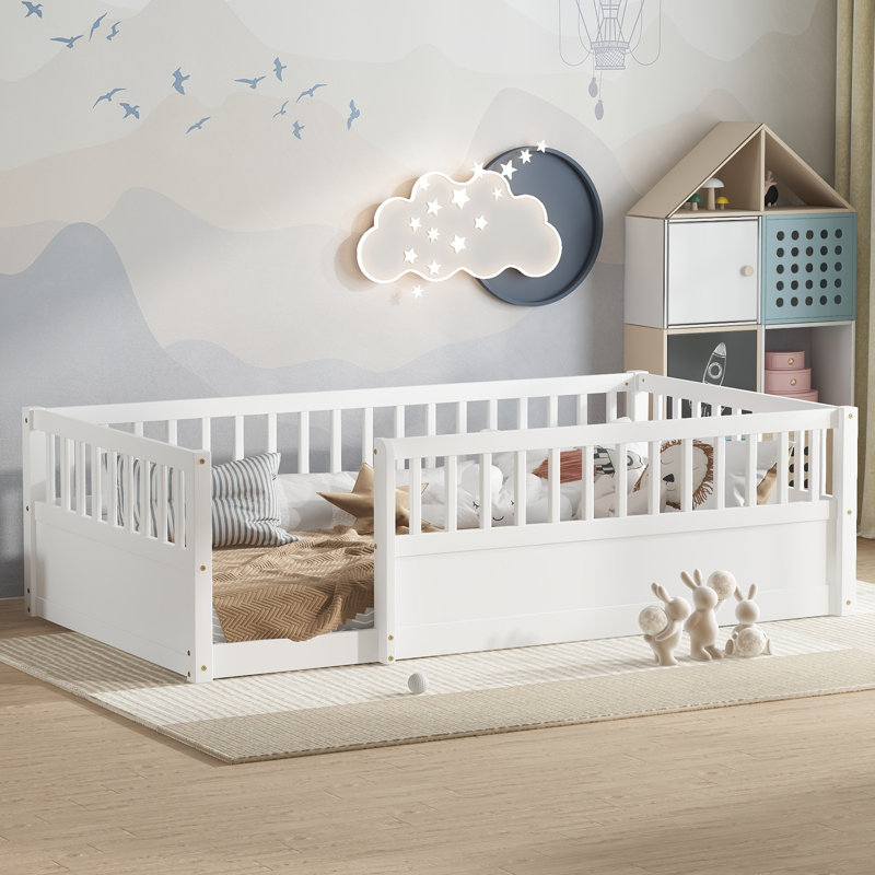 Twin Montessori Wooden Floor Bed with Safety Fence, White, Kids Bedroom and Playroom Floor Bed, Twin, White