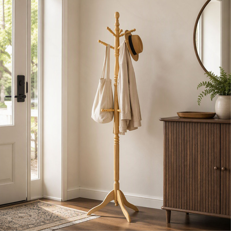 Porte-manteau classique en bois massif avec 10 crochets, support sur pied pour entrée et maison, Naturel