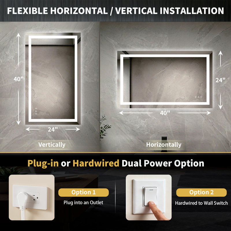 40" X 24" LED Bathroom Mirror With Dimmable Light Anti-Fog Lighted Vanity Mirror With 3 Color Modes, IP44 Waterproof Horizontal/Vertical Mount