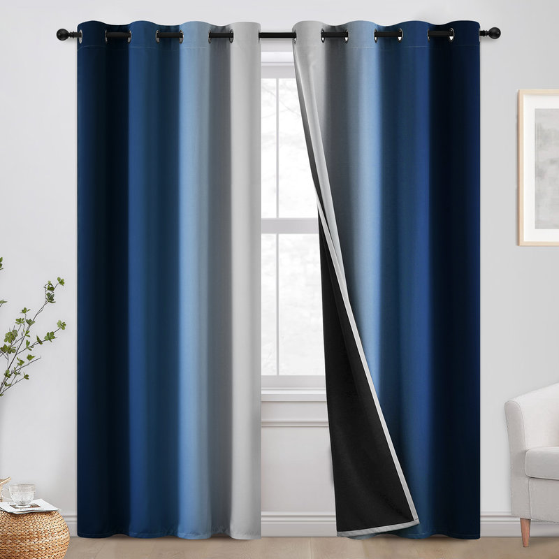 100% Blackout Ombre Curtains,Room Darkening Grommet Gradient Drapes for Bedroom, 52" W x 84" L, Ombre Deep Blue