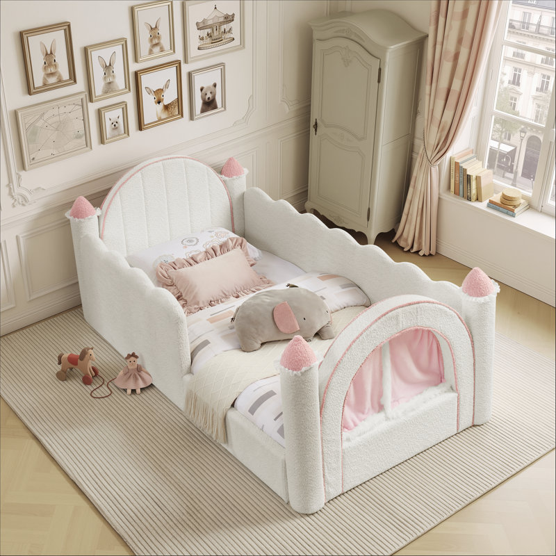 Lit simple capitonné en bois massif avec rideaux Boucle, base de lit pour tout-petit moderne, Beige