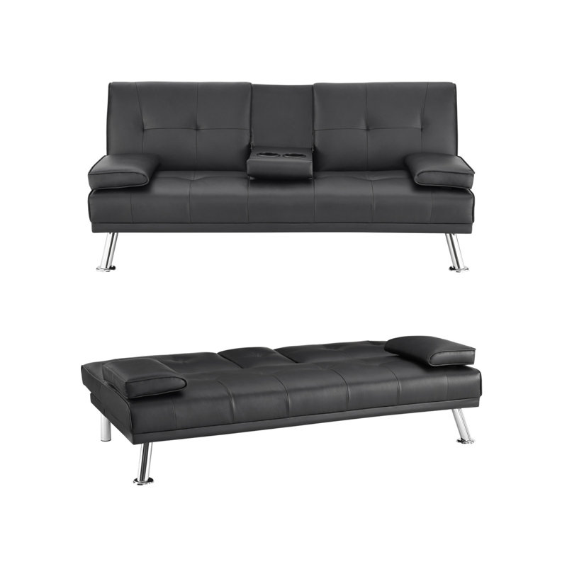 Crifasi Twin 38.6'' Faux Leather Convertible Sofa, Black Faux Leather